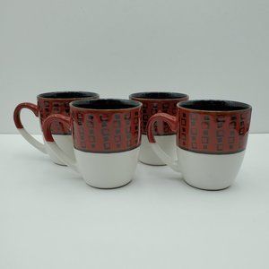 Pfaltzgraff Everyday Jaxson Mugs Black Squares on Deep Brick Red Border